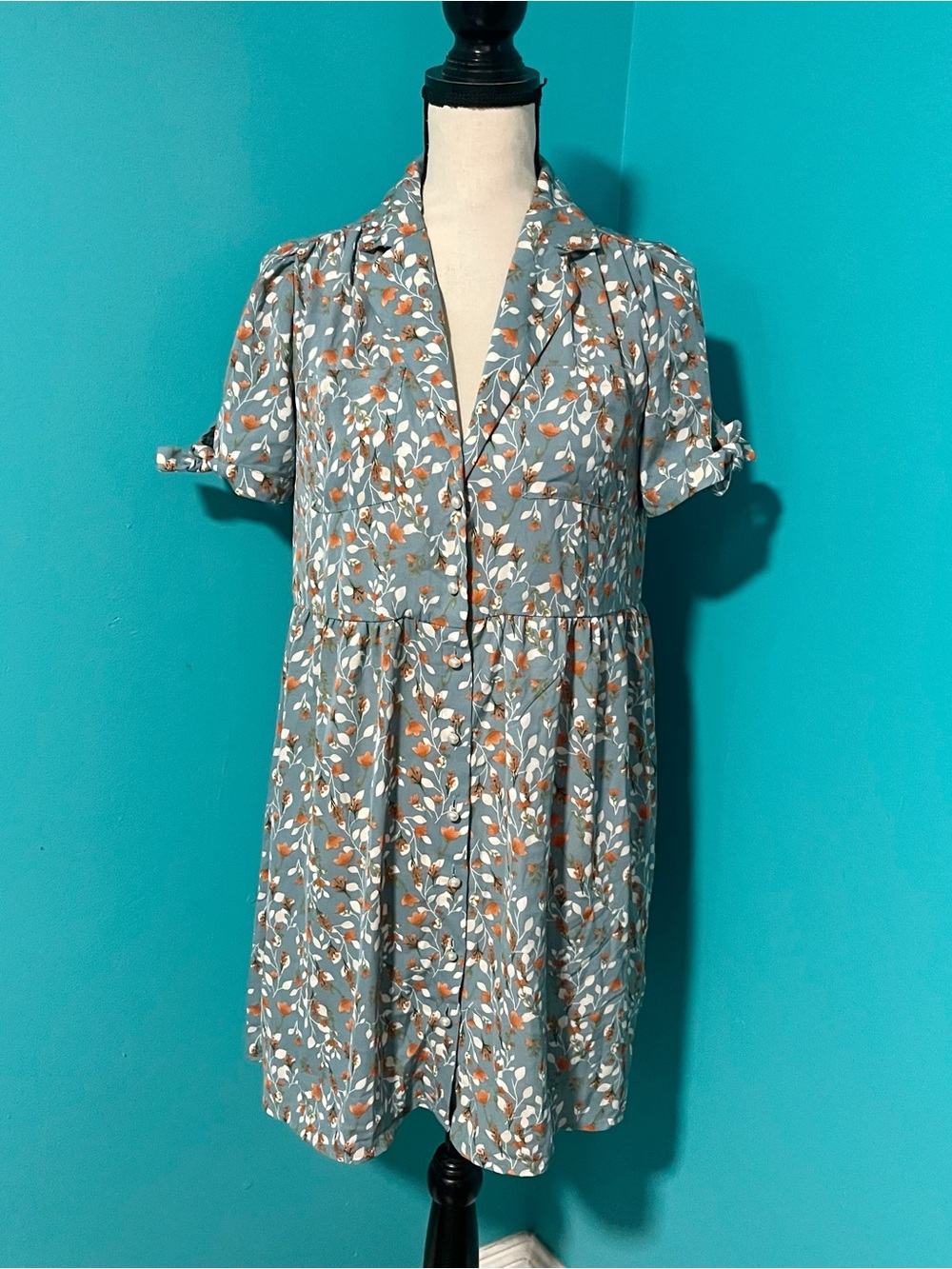NWT RIHOAS XS Blue Orange Floral Print Short Sleeve Button Front Dress